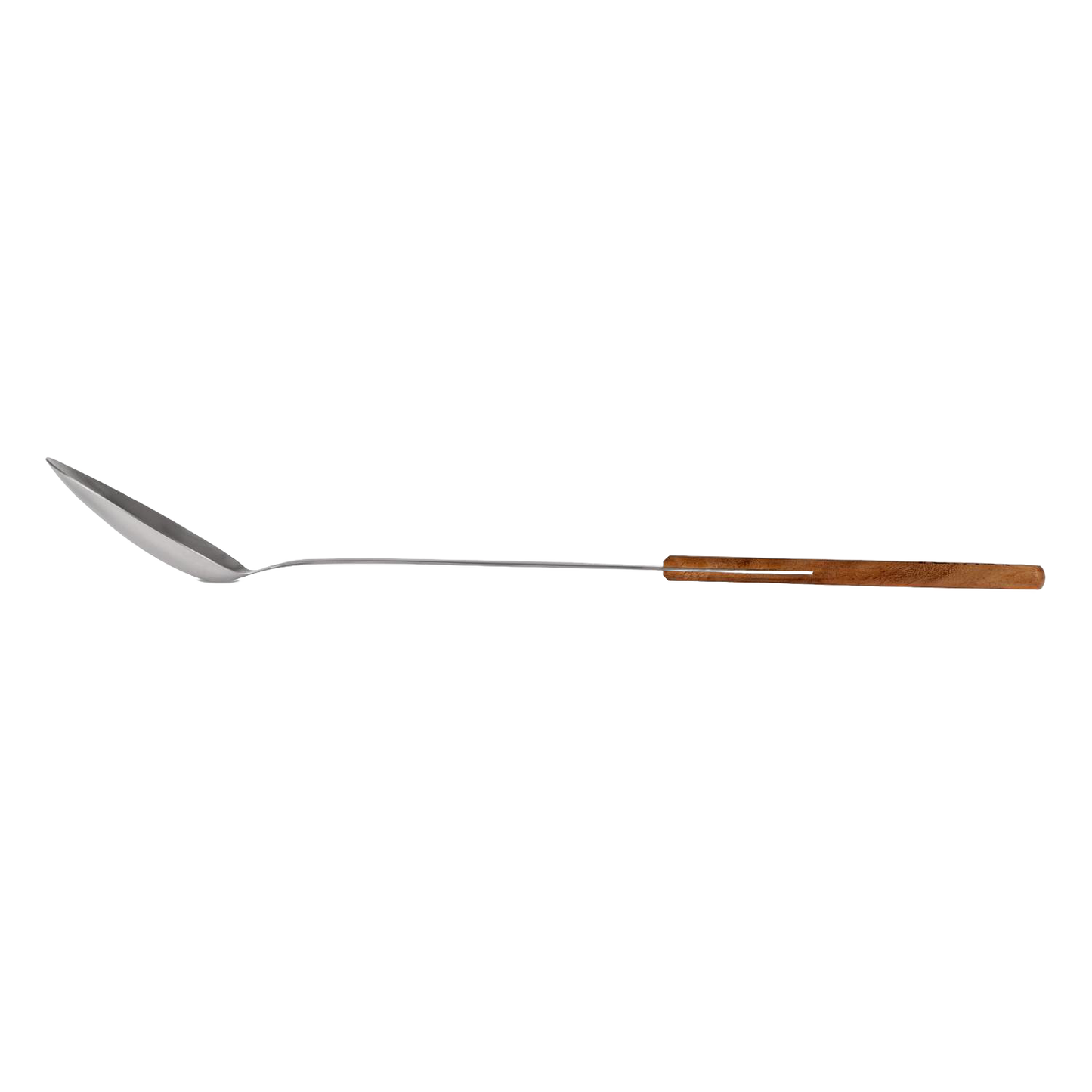 Handcrafted long stainless steel serving spoon with a smooth walnut handle, designed for sturdy and convenient outdoor meal serving in Farm, Garden & Tool, Kitchen & Food, Camping, Storage and Serving, Best Sellers, Promo Eligible collections.