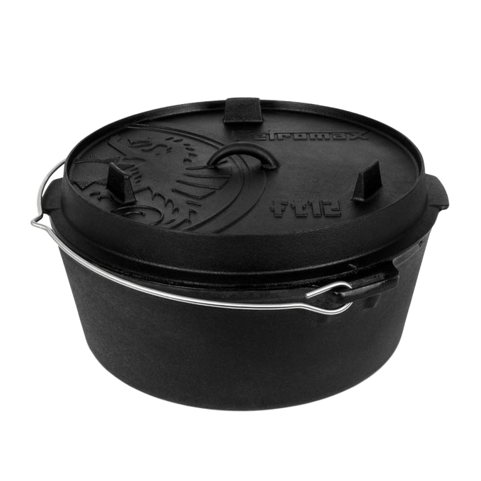 Cast iron Dutch oven with flat base and embossed lid, featuring a sturdy bail handle, suited for indoor and outdoor cooking, featured in Kitchen & Food, Cookware, Cast Iron, Best Sellers, Promo Eligible collections.