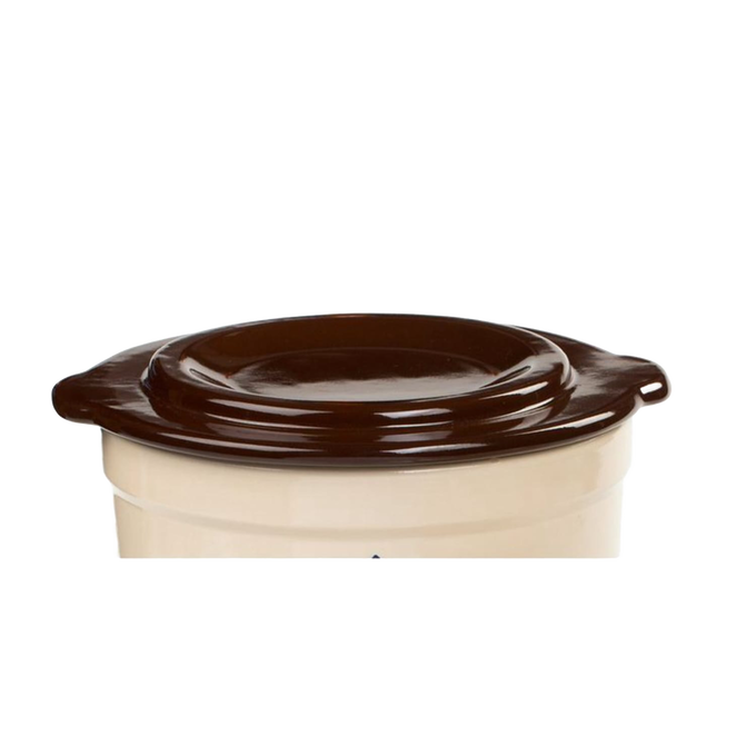 Handcrafted stoneware crock cover in dark brown with side handles, made in USA, designed for protecting fermenting food in kitchen, food preservation, and pickling collections.