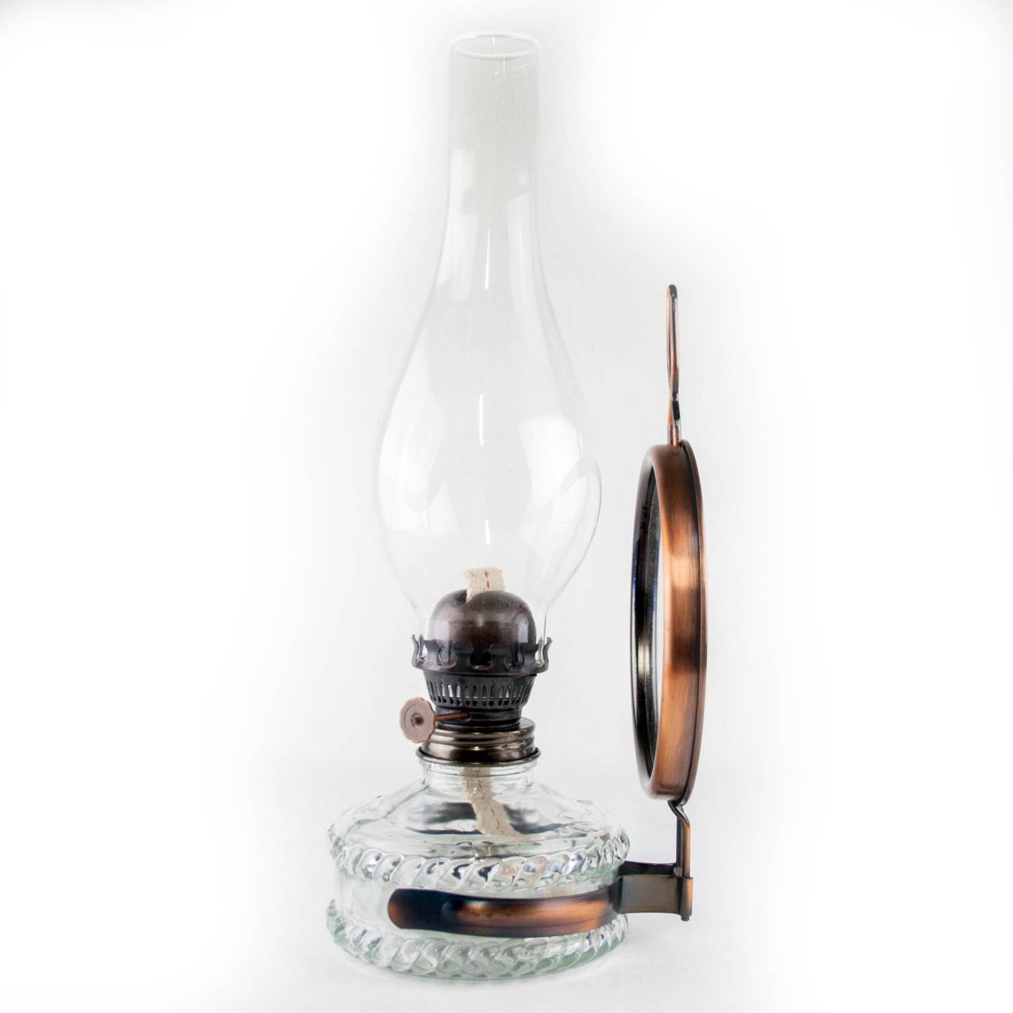 Reflector oil lamp with clear glass base, removable copper-toned mirror reflector, and tall glass chimney, handcrafted for Lamps & Lighting, Oil Lamps, Wall Lamps, Best Sellers, and Promo Eligible collections.
