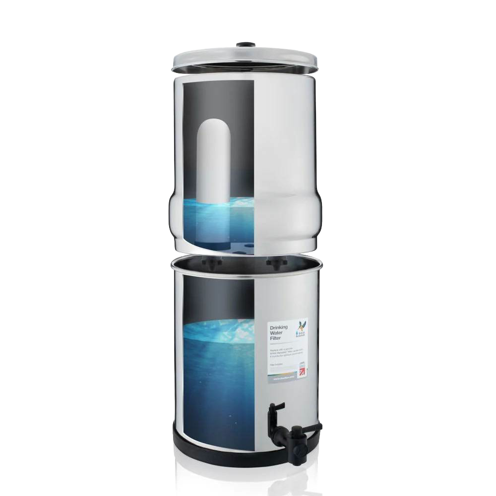 Mid-size stainless steel gravity water filter with visible internal filtration elements and water storage, ideal for camping, emergency supplies, and farm, garden & tool collections.
