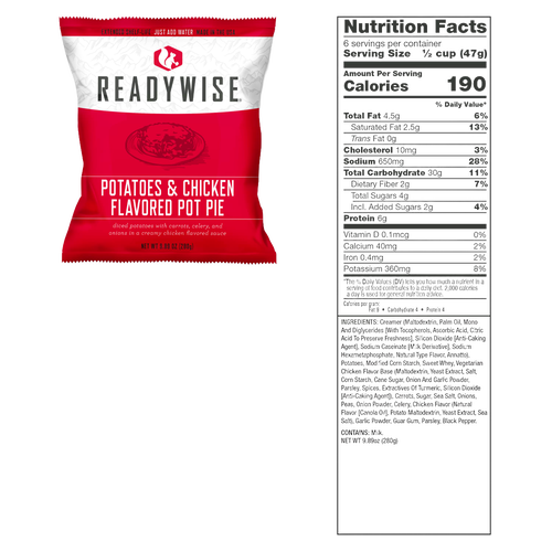 Red and white ReadyWise single-serving pouch of potatoes and chicken flavored pot pie with nutrition facts panel, featured in Emergency Supplies, Kitchen & Food, and Pantry collections.