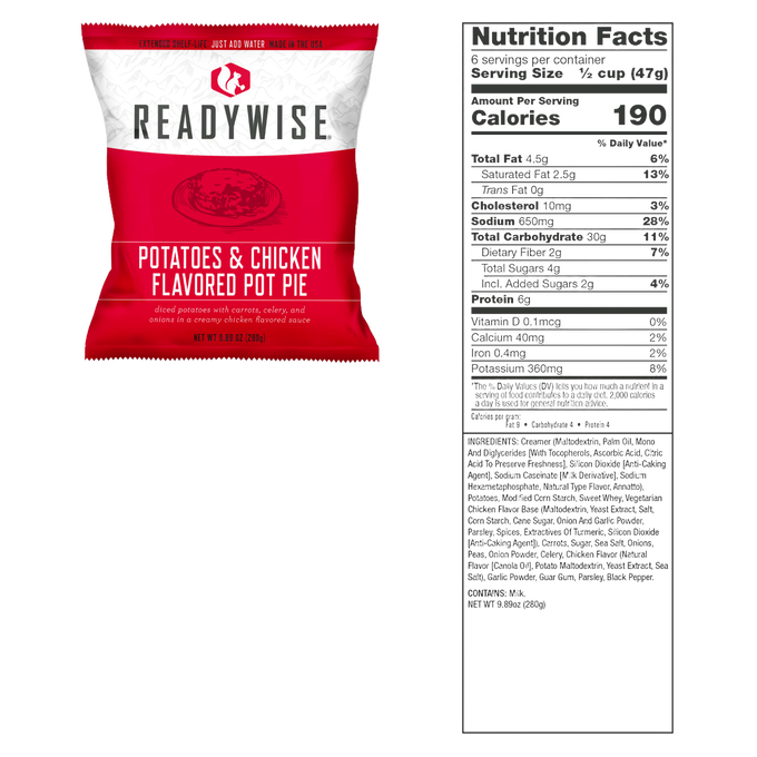 Red and white ReadyWise single-serving pouch of potatoes and chicken flavored pot pie with nutrition facts panel, featured in Emergency Supplies, Kitchen & Food, and Pantry collections.