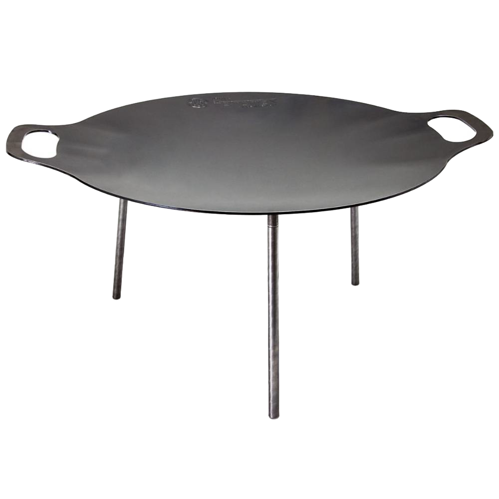 Steel griddle and fire bowl with three sturdy legs and integrated handles, perfect for outdoor cooking in Farm, Garden & Tool, Camping, Best Sellers, and Promo Eligible collections.