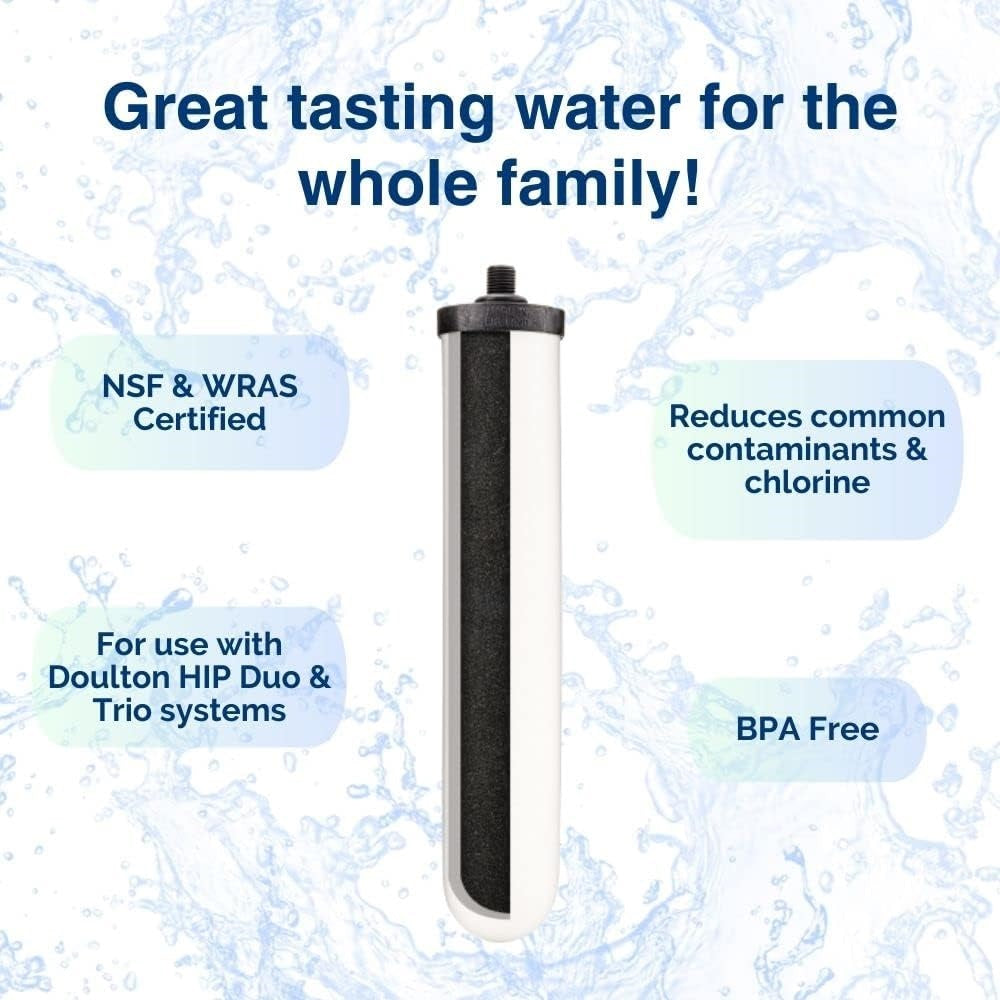 Water filter cartridge designed for Doulton HIP Duo and Trio systems, NSF and WRAS certified, BPA free, reducing chlorine and common contaminants, featured in Appliances and Emergency Supplies.