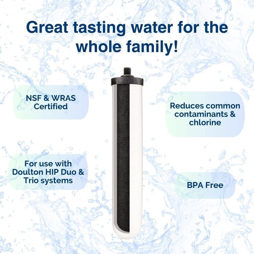Water filter cartridge designed for Doulton HIP Duo and Trio systems, NSF and WRAS certified, BPA free, reducing chlorine and common contaminants, featured in Appliances and Emergency Supplies.