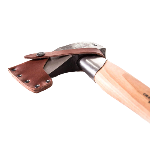 Splitting axe with a sharp forged steel head and a smooth wooden handle, featuring a sturdy leather sheath with metal rivets, ideal for farm, garden, and woodcutting tasks.