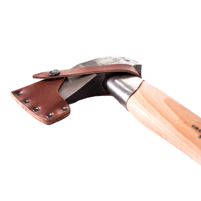 Splitting axe with a sharp forged steel head and a smooth wooden handle, featuring a sturdy leather sheath with metal rivets, ideal for farm, garden, and woodcutting tasks.