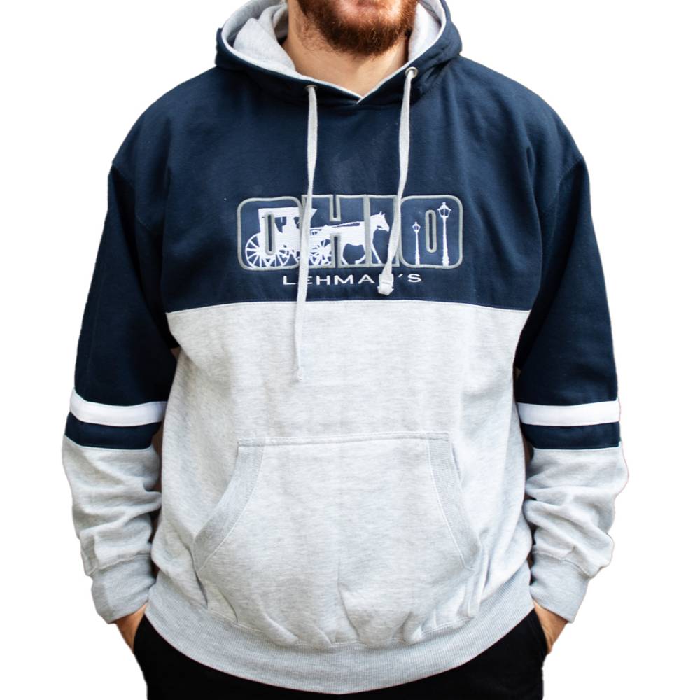 Man wearing a handcrafted navy and gray fleece pullover hoodie with embroidered Ohio design, arm stripes, drawstring hood, and front pouch pocket, featured in Health & Wellness and Clothing and Accessories collections.