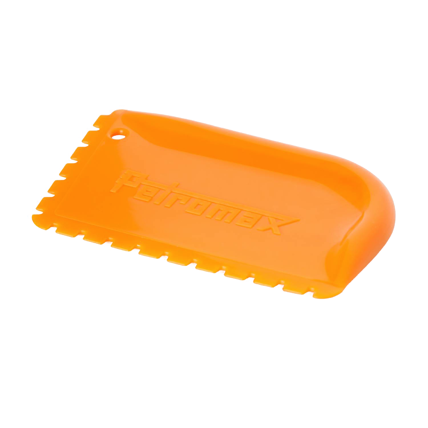 Bright orange Petromax pan scraper with textured edges and ergonomic curved grip for gently removing residue from cast iron cookware, ideal for Kitchen & Food and Best Sellers collections.