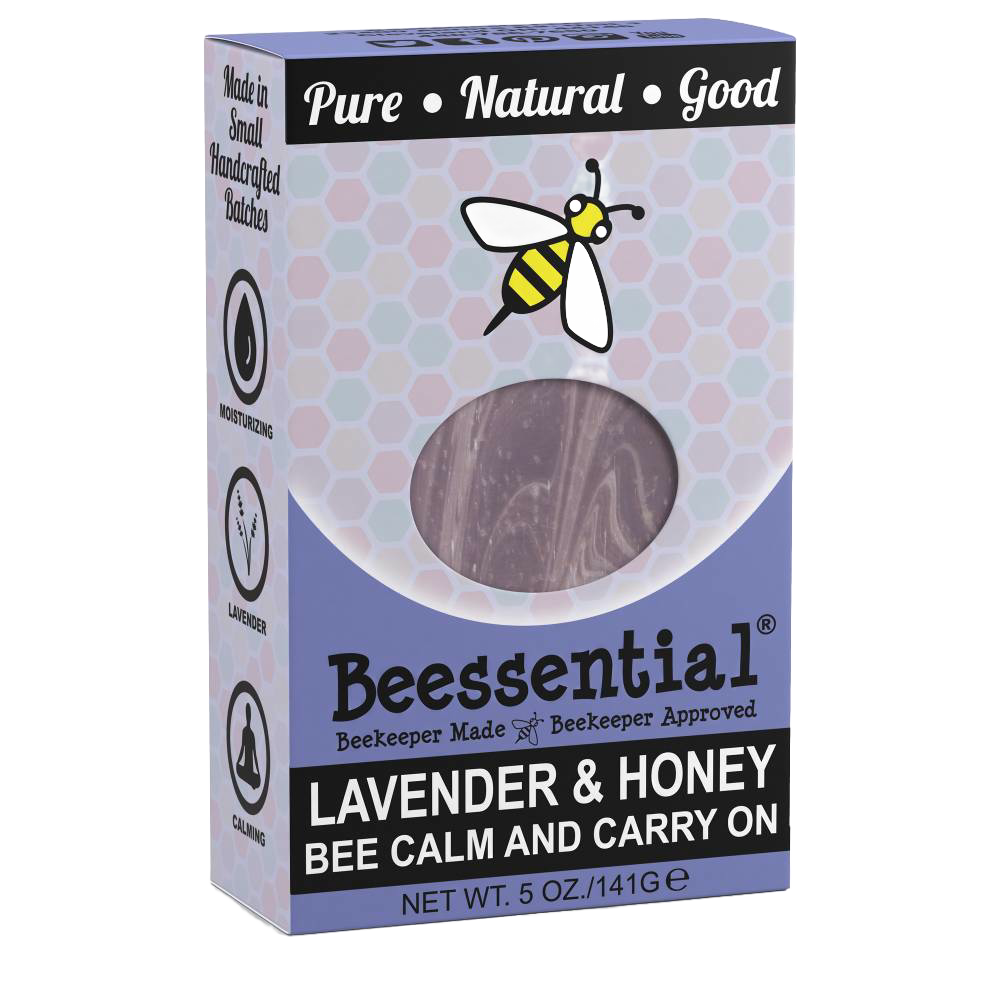 Packaging of handcrafted Beessential Natural Lavender and Honey soap bar with natural beeswax and calming properties, made in small batches in the USA, featured in Health & Wellness, Grooming and Personal Hygiene, Soaps, and USA Made collections.