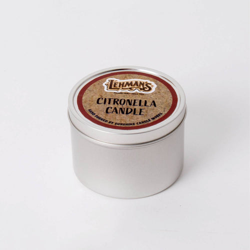 Compact handcrafted citronella candle in a lightweight silver metal tin with branded label, designed for outdoor use in camping, pest control, and garden lighting collections.