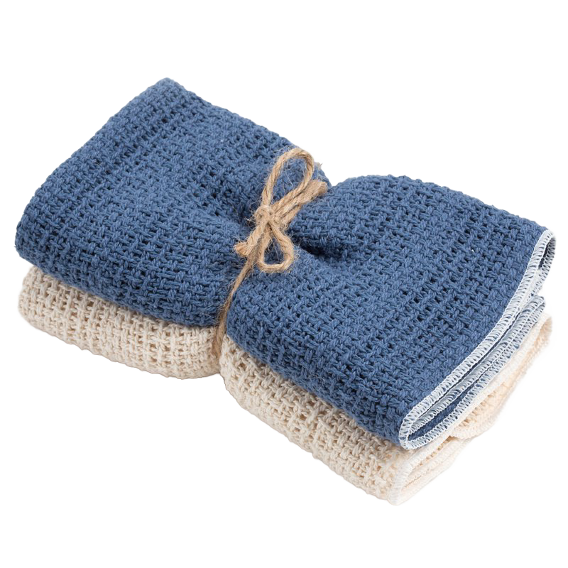 Set of two loosely woven cotton kitchen towels in blue and natural colors, designed for effective lifting and drying, featured in Kitchen & Food, Kitchen Textiles, USA Made, Best Sellers, and Promo Eligible collections.