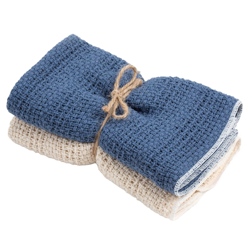 Set of two loosely woven cotton kitchen towels in blue and natural colors, designed for effective lifting and drying, featured in Kitchen & Food, Kitchen Textiles, USA Made, Best Sellers, and Promo Eligible collections.