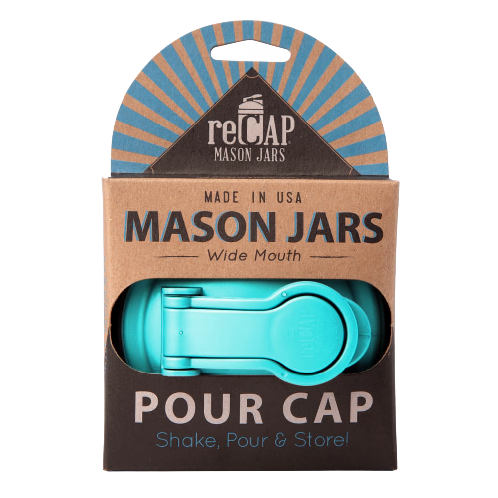 Turquoise pour lid with carry loop for wide mouth mason jars, made in the USA from durable no-break plastic, ideal for Kitchen & Food, Kitchen Gadgets, Kitchen Accessories, USA Made, and Best Sellers collections.