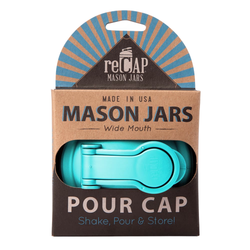 Turquoise pour lid with carry loop for wide mouth mason jars, made in the USA from durable no-break plastic, ideal for Kitchen & Food, Kitchen Gadgets, Kitchen Accessories, USA Made, and Best Sellers collections.