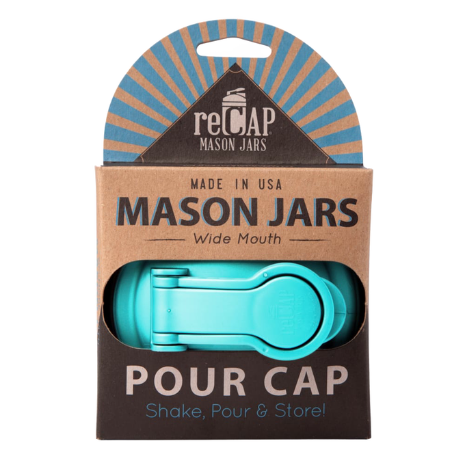 Turquoise pour lid with carry loop for wide mouth mason jars, made in the USA from durable no-break plastic, ideal for Kitchen & Food, Kitchen Gadgets, Kitchen Accessories, USA Made, and Best Sellers collections.
