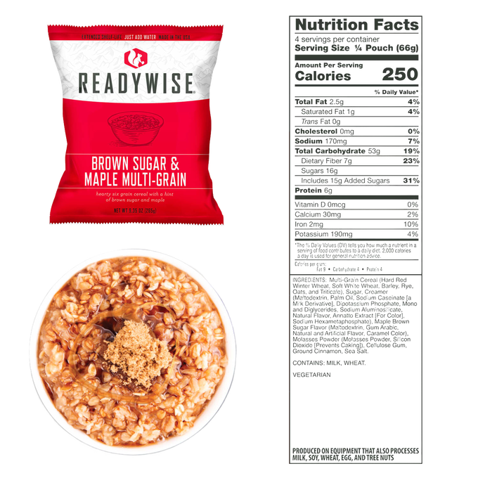 ReadyWise brown sugar and maple multigrain cereal single-serving packet beside a prepared bowl topped with brown sugar and the detailed nutrition facts label, ideal for emergency supplies, pantry, and kitchen collections.