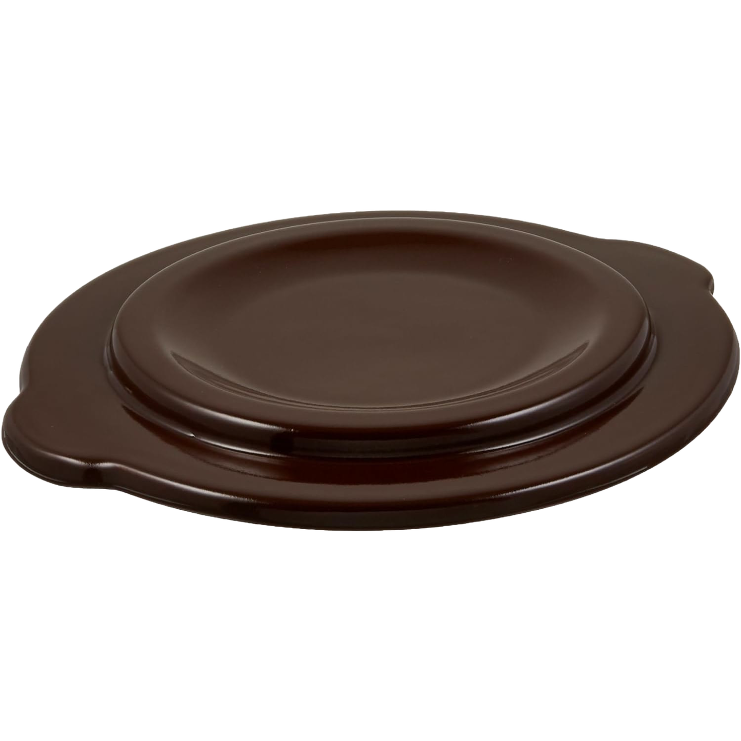 Handcrafted dark brown stoneware lid with side handles, made in USA, designed for kitchen food preservation, fermenting, and pickling collections including numbered and utility crocks.