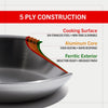 Close-up of cookware showcasing the five-layer construction with stainless steel cooking surface, aluminum core for even heat, and ferritic exterior, ideal for Kitchen & Food and Cookware collections.