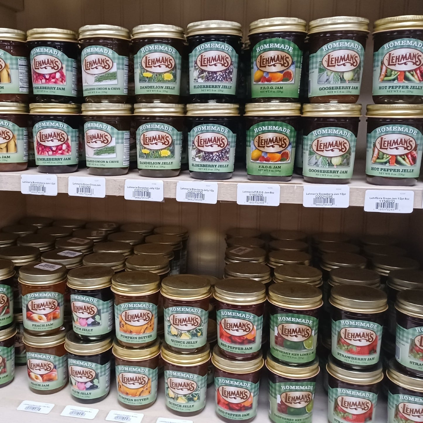 Shelves filled with handcrafted Lehman's jams, jellies, and fruit butters made in USA with all-natural ingredients, perfect for Kitchen & Food, Pantry, Peanut Butter & Jellies, Best Sellers, and Promo Eligible collections.