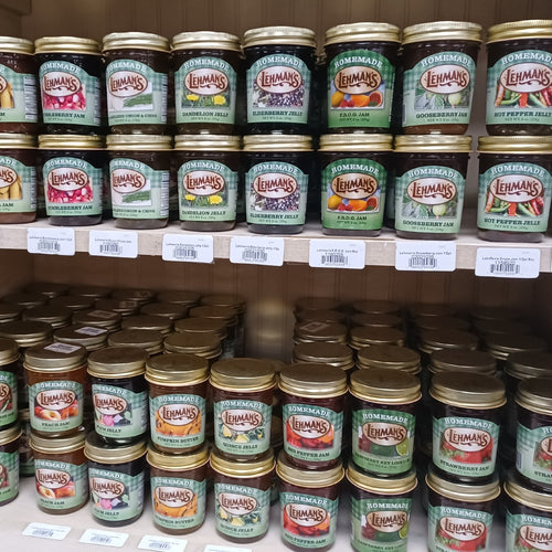 Shelves filled with handcrafted Lehman's jams, jellies, and fruit butters made in USA with all-natural ingredients, perfect for Kitchen & Food, Pantry, Peanut Butter & Jellies, Best Sellers, and Promo Eligible collections.