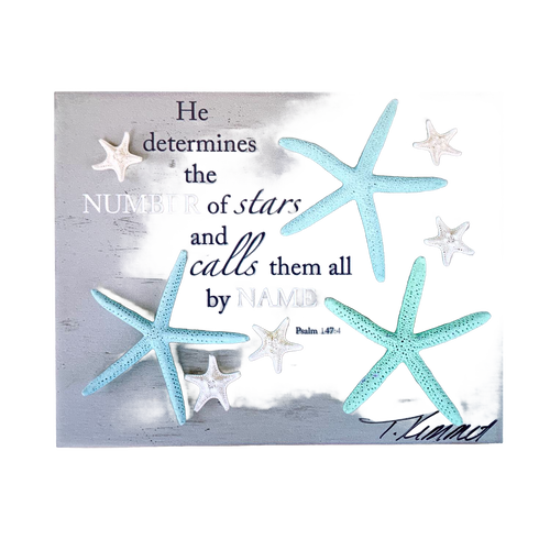 Handcrafted 5"x7" plaque featuring pastel blue and white starfish against a weathered gray background with an uplifting Bible verse from Psalm, perfect for Home & Decor, Best Sellers, and Promo Eligible collections.