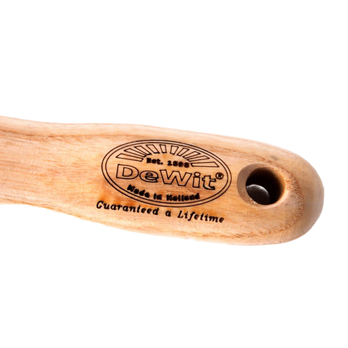 Close-up of a smooth natural wood handle engraved with DeWit logo, lifetime guarantee, and made in Holland, part of a handcrafted garden hand hoe in Farm, Garden & Tool and Garden Accessories collections.