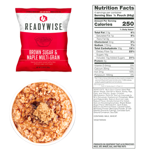 ReadyWise Brown Sugar & Maple Multi-Grain cereal packet with a bowl of prepared cereal topped with brown sugar, accompanied by detailed nutrition facts, suitable for emergency supplies and pantry collections.