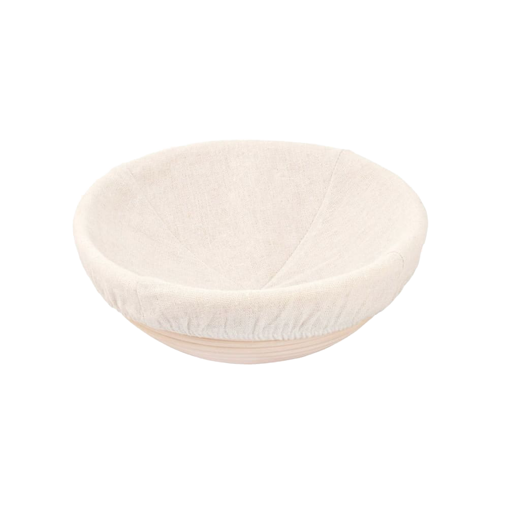 Handcrafted rattan bread proofing basket featuring a removable natural cloth liner, designed for even dough rising, ideal for Kitchen & Food, Baking Supplies, and Bread Making collections.