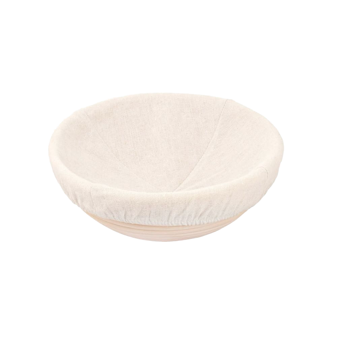 Handcrafted rattan bread proofing basket featuring a removable natural cloth liner, designed for even dough rising, ideal for Kitchen & Food, Baking Supplies, and Bread Making collections.