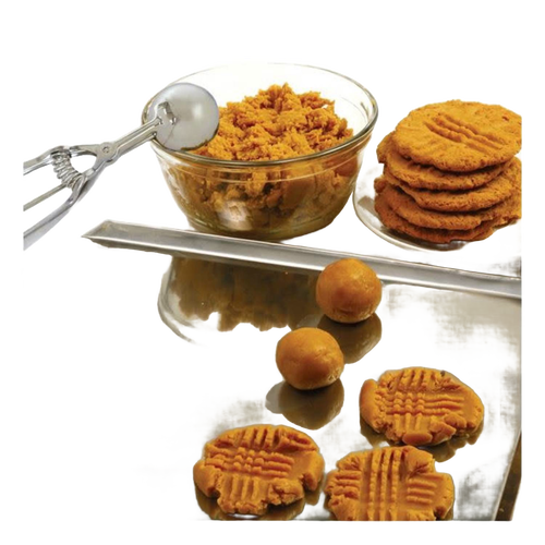 Handcrafted metal scoop with spring release next to a glass bowl of peanut butter cookie dough, freshly shaped dough balls, and baked cookies on a reflective surface, ideal for Kitchen & Food, Cookware, Baking Supplies, Kitchen Gadgets, Cooking and Baking Helpers, Best Sellers, Promo Eligible collections.