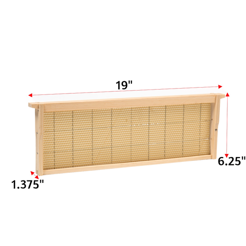 Medium wooden bee frame with wired beeswax foundation for added stability, handcrafted in the USA, Amish made, suitable for various hive sizes and beekeeping supplies collections.