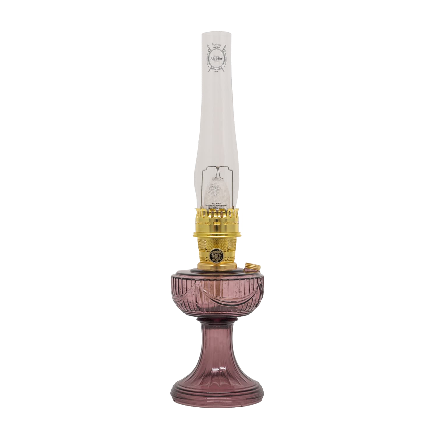 Handcrafted Aladdin-style oil lamp with a purple Lincoln Drape glass base, brass burner, and tall clear glass chimney, perfect for Farm, Garden & Tool and Homesteading collections.