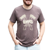 Man wearing a soft, lightweight brown t-shirt featuring two crossed axes and Lehman’s logo with the slogan "For a Simpler Life," ideal for Health & Wellness, Clothing and Accessories, and Best Sellers collections.