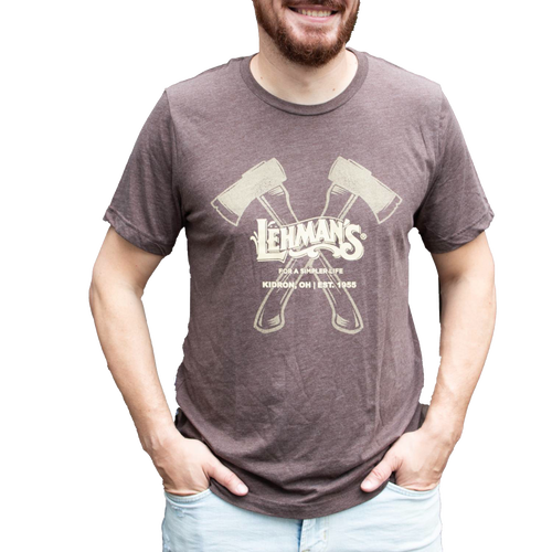 Man wearing a soft, lightweight brown t-shirt featuring two crossed axes and Lehman’s logo with the slogan "For a Simpler Life," ideal for Health & Wellness, Clothing and Accessories, and Best Sellers collections.