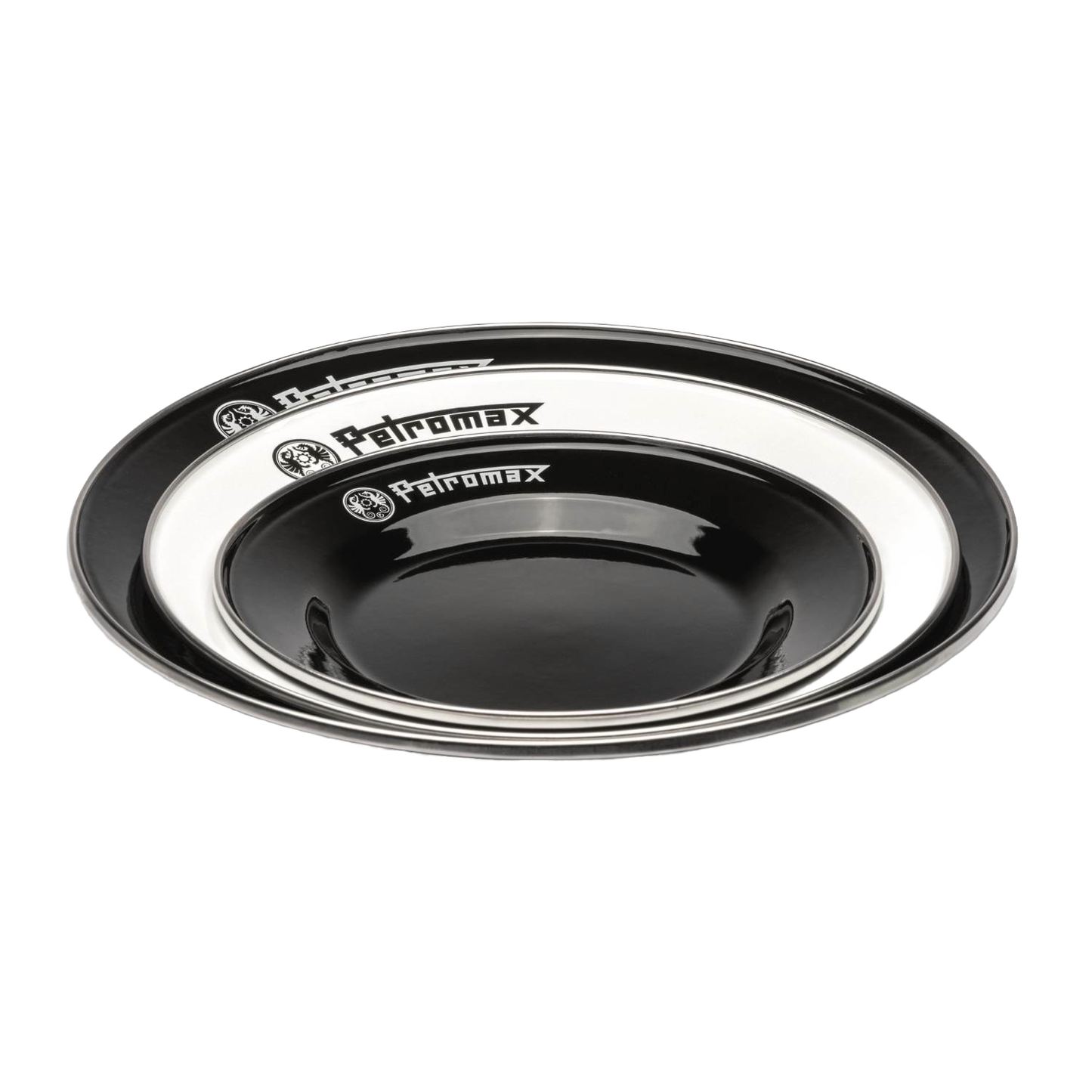 Set of durable black and white enamel plates and bowl with Petromax logo, lightweight and sturdy for camping, ideal for Farm, Garden & Tool, Kitchen & Food, Camping, Dinnerware, Best Sellers, and Promo Eligible collections.