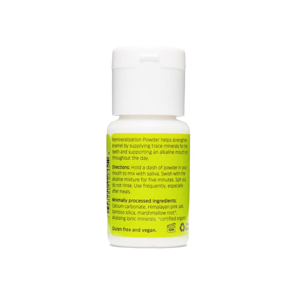 Handcrafted remineralization powder in a small white bottle, made in USA, promoting healthy enamel with trace minerals, featured in Health & Wellness, Grooming and Personal Hygiene, USA Made, Best Sellers, and Promo Eligible collections.