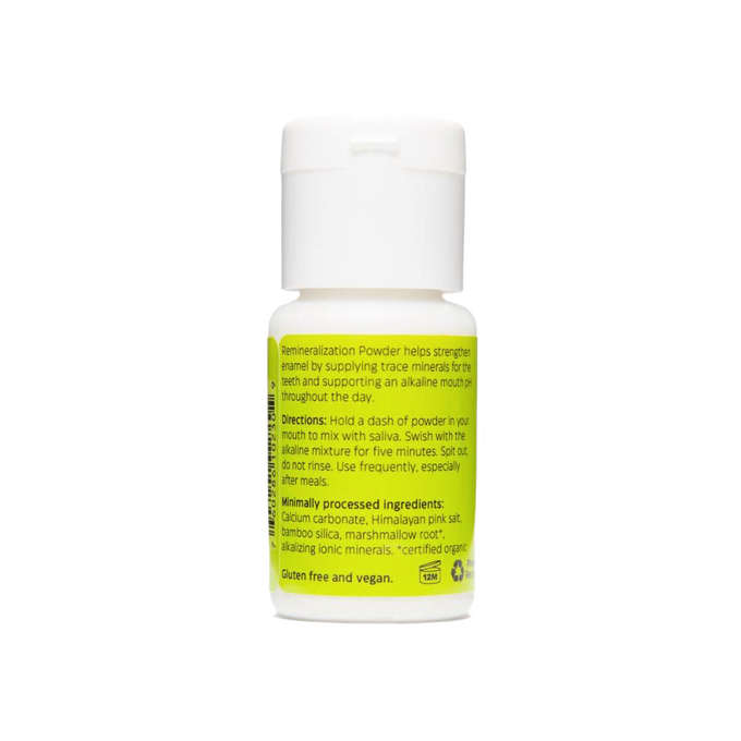 Handcrafted remineralization powder in a small white bottle, made in USA, promoting healthy enamel with trace minerals, featured in Health & Wellness, Grooming and Personal Hygiene, USA Made, Best Sellers, and Promo Eligible collections.