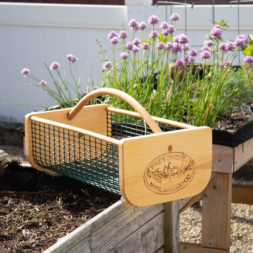 Wood and wire mesh garden hod with curved handle and engraved logo, handcrafted in USA, used for carrying and washing fresh harvests, part of Farm, Garden & Tool collection.
