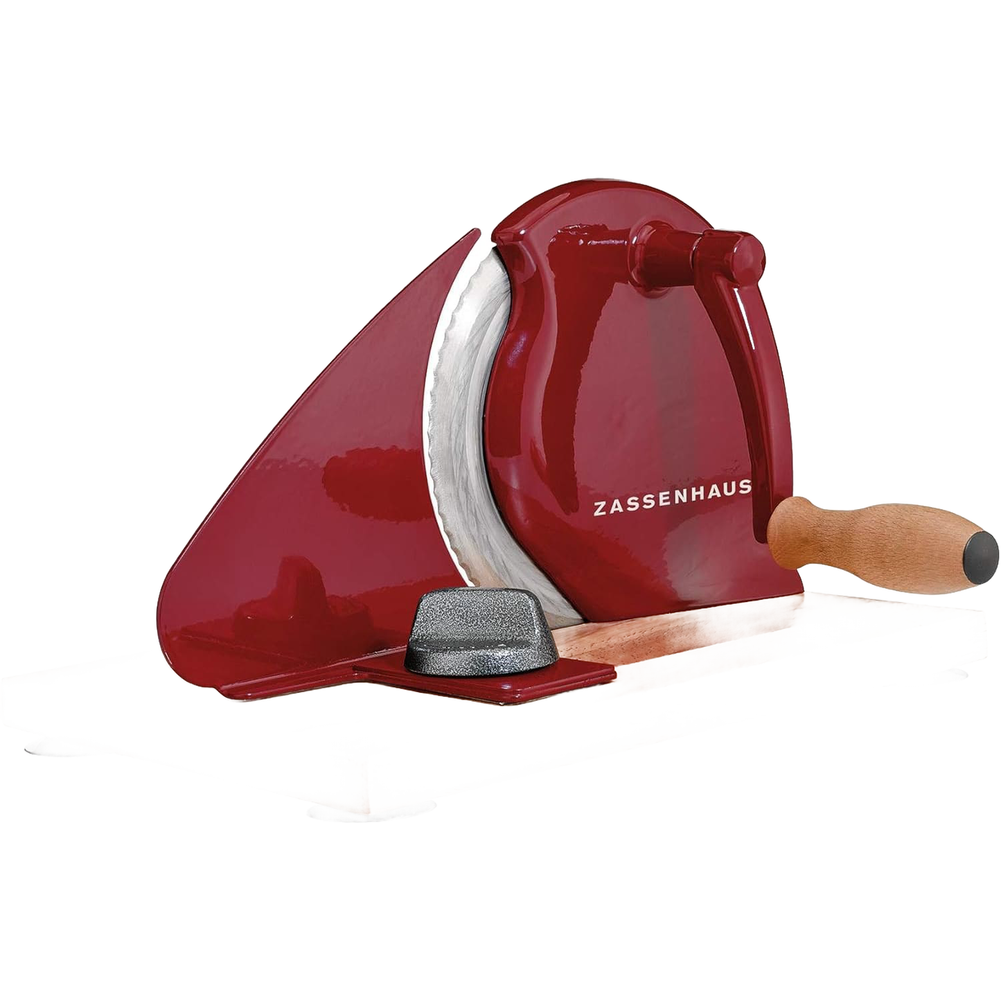 Manual bread slicer featuring a sharp stainless steel blade and an easy-crank wooden handle on a wooden base, crafted for Kitchen & Food, Bread Making Supplies, and Best Sellers collections.