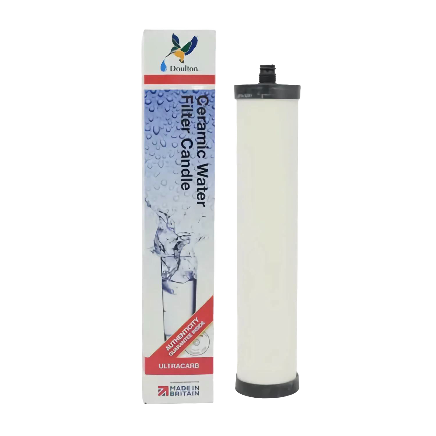 Ceramic water filter element with black end caps designed for reducing chlorine, bacteria, and heavy metals, ideal for use in water treatment, emergency supplies, and appliance collections.