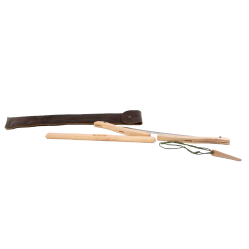 Disassembled handcrafted bow saw with smooth wooden frame, tensioning rope, and dark brown leather sheath, highlighting durable Amish-made quality for farm, garden & tool and wood cutting collections.