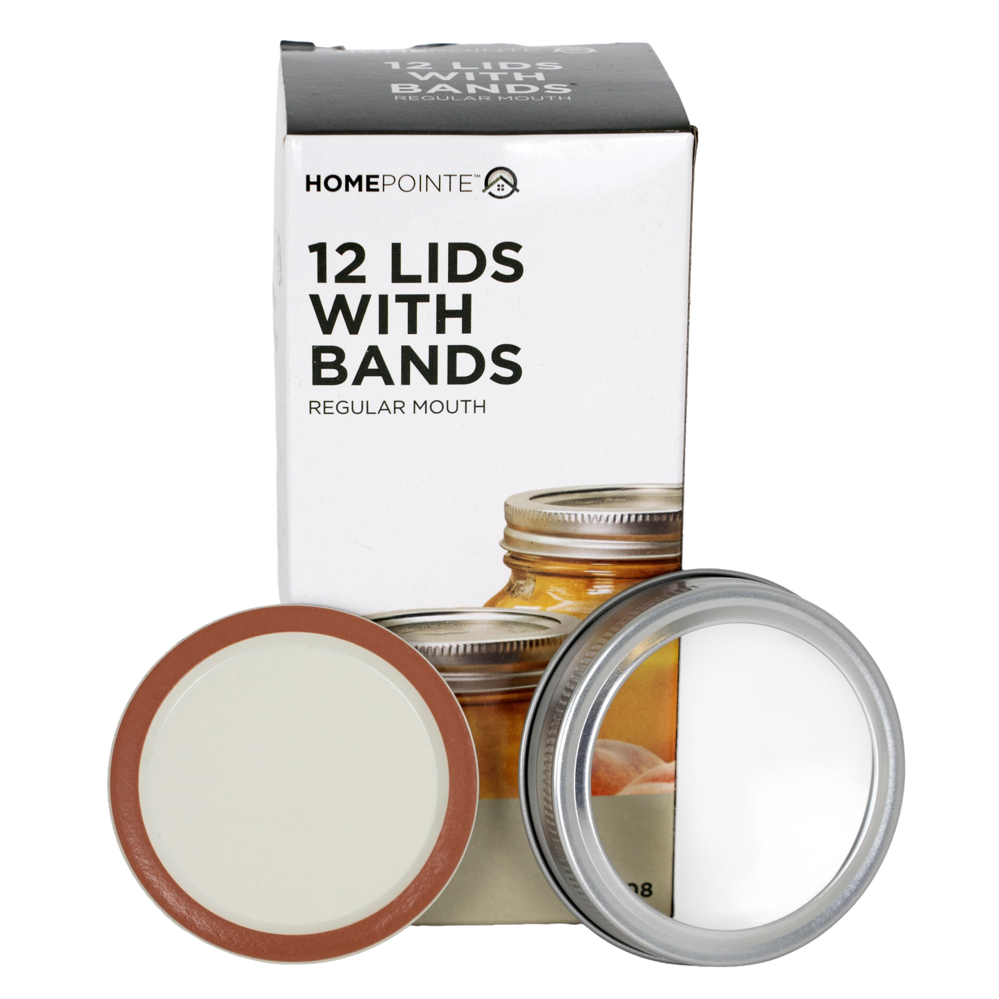 Box of 12 silver metal regular-mouth jar lids and bands featuring BPA-free sealing compound, designed for home canning in Kitchen & Food, Food Preservation, and Canning collections.