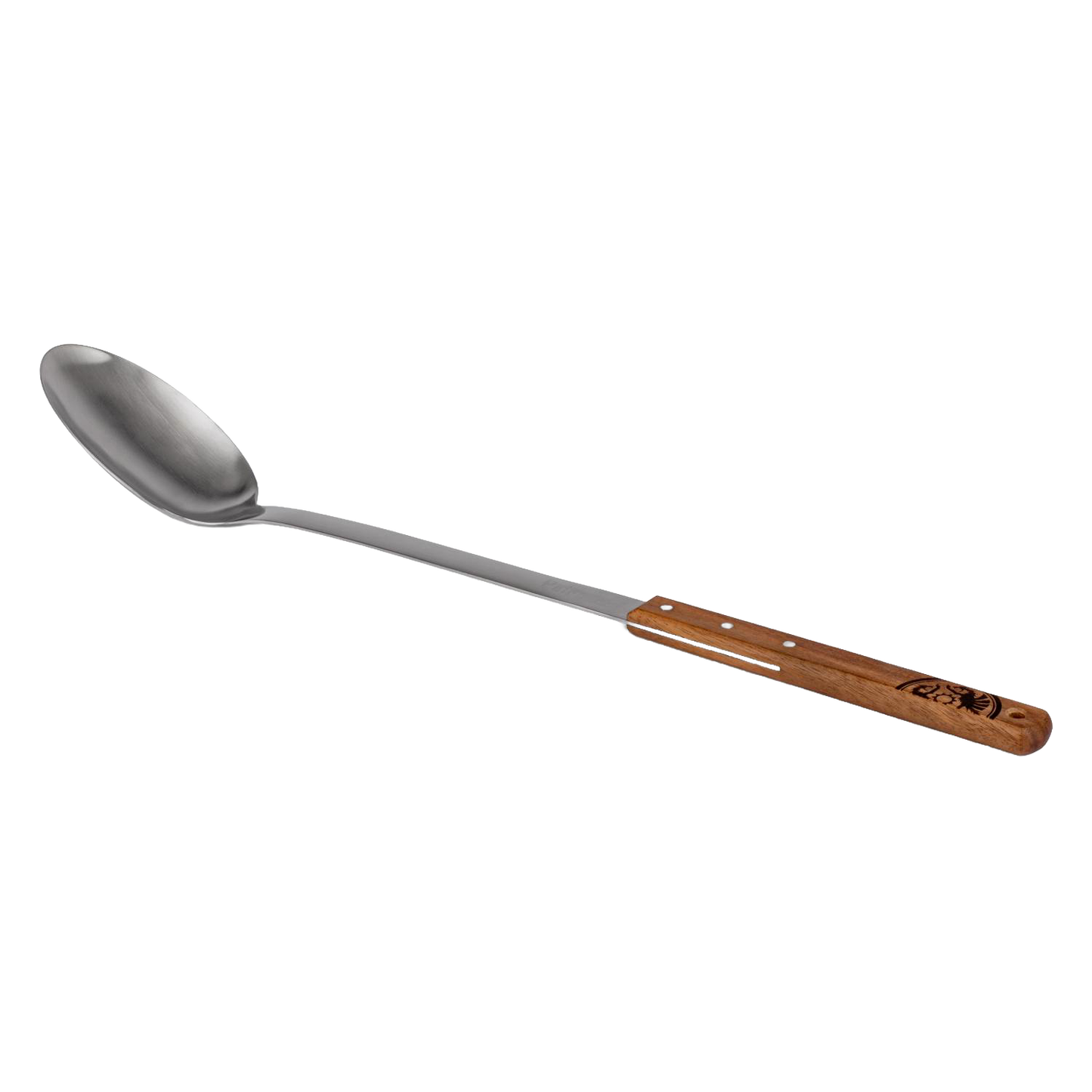 Handcrafted long stainless steel serving spoon with a walnut handle engraved with a logo, designed for Farm, Garden & Tool, Kitchen & Food, Camping, Storage and Serving, Best Sellers, Promo Eligible collections.