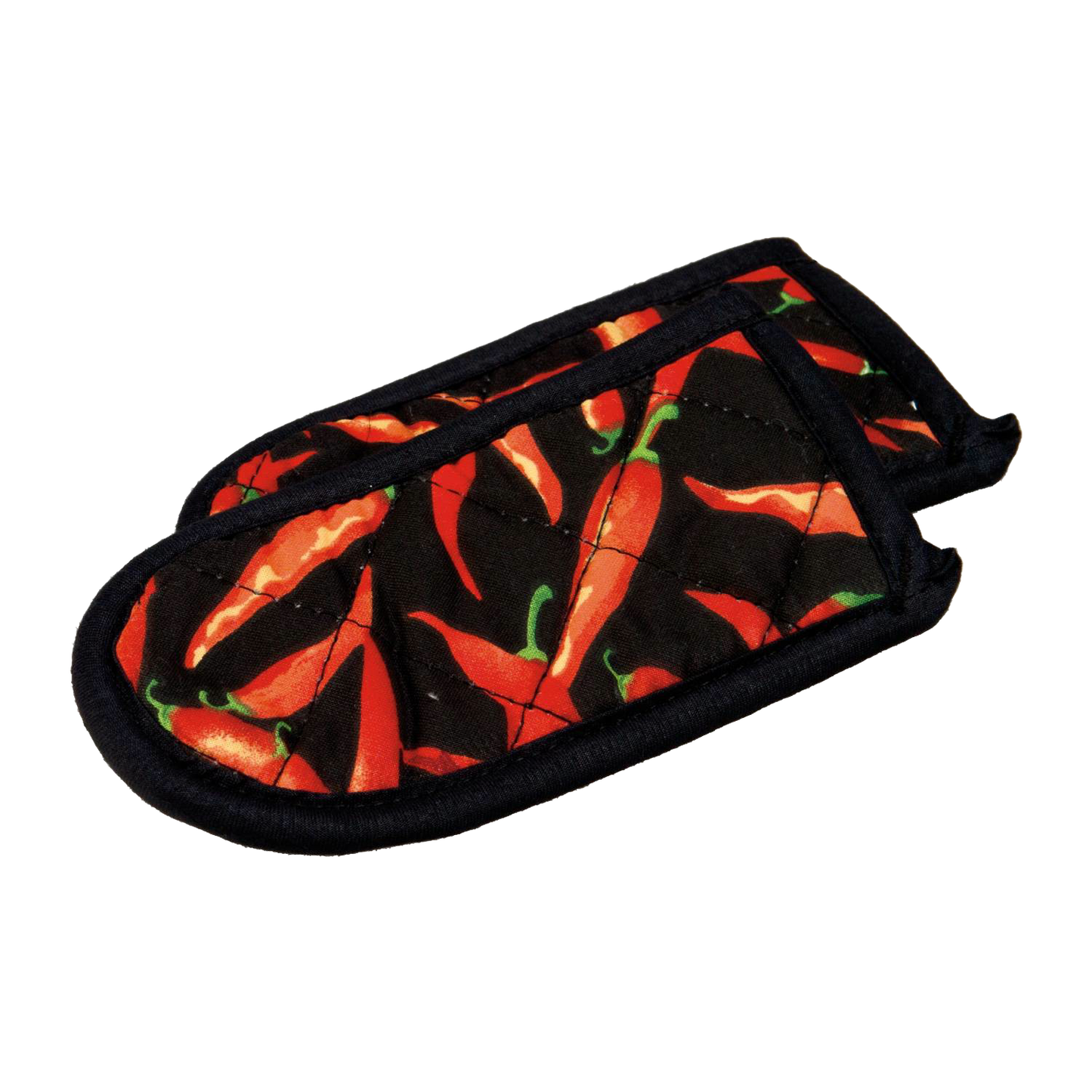 Pair of quilted handle pads featuring a red chili pepper pattern with black trim, designed for cast iron cookware protection, ideal for Kitchen & Food, Cookware, Cast Iron, and Best Sellers collections.