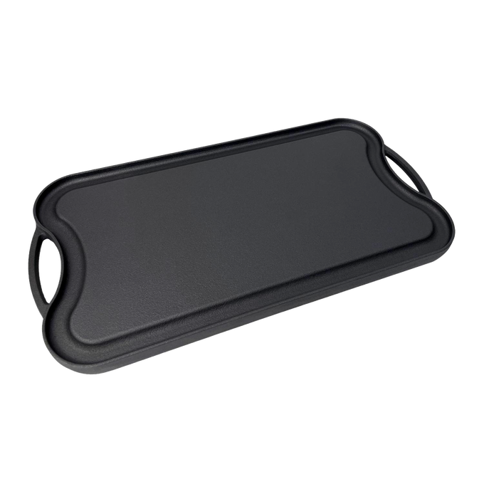 Handcrafted nitrided cast iron griddle with smooth cooking surface and dual side handles, designed for durable outdoor cooking in Farm, Garden & Tool, Kitchen & Food, Camping, Cast Iron, and Best Sellers collections.
