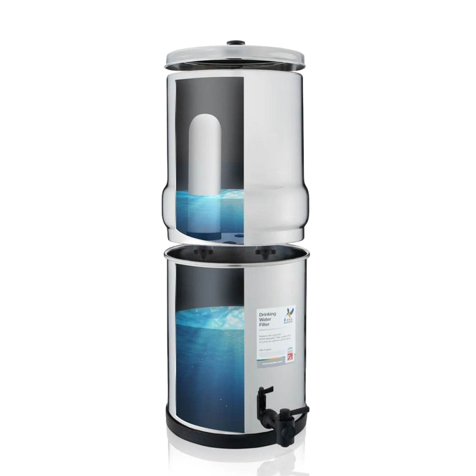 Handcrafted stainless steel gravity water filter with two ceramic filter elements, designed for camping, emergency supplies, and water treatment in farm and garden settings.