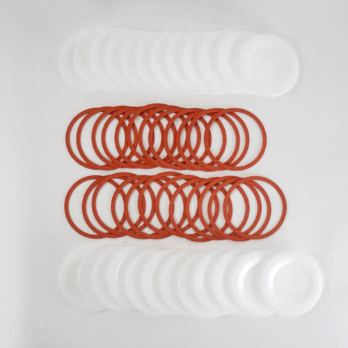 Sets of translucent wide-mouth reusable plastic canning lids with matching orange rubber sealing rings, made in USA for Kitchen & Food, Food Preservation, Canning, and Best Sellers collections.