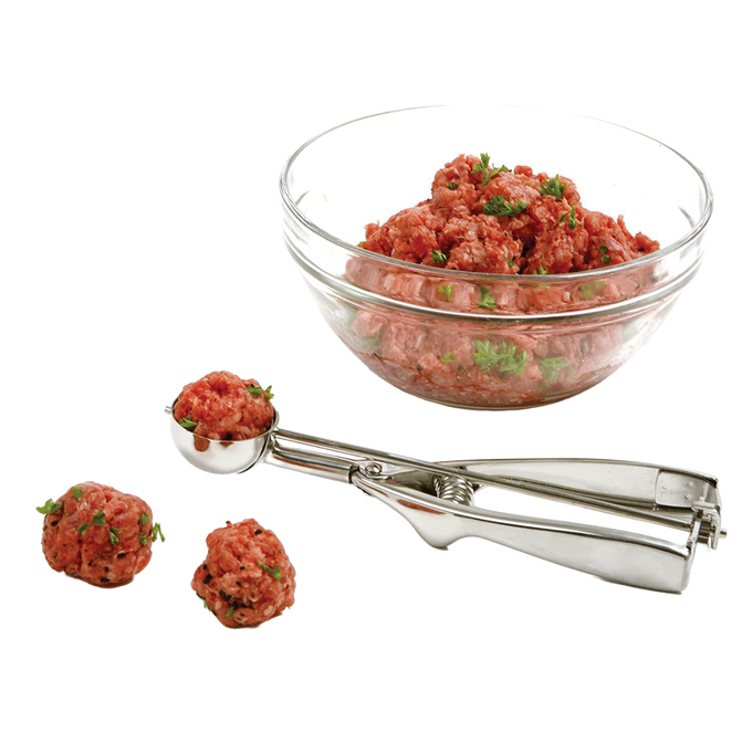 Stainless steel scoop with spring handle beside glass bowl of seasoned ground meat and two uniform meatballs, ideal for Kitchen & Food, Cookware, Baking Supplies, and Kitchen Gadgets collections.